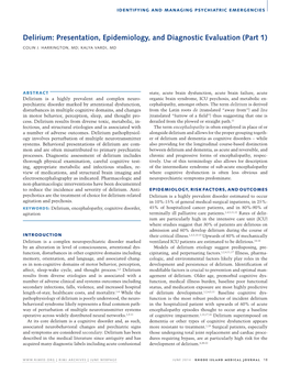 Delirium: Presentation, Epidemiology, and Diagnostic Evaluation (Part 1)