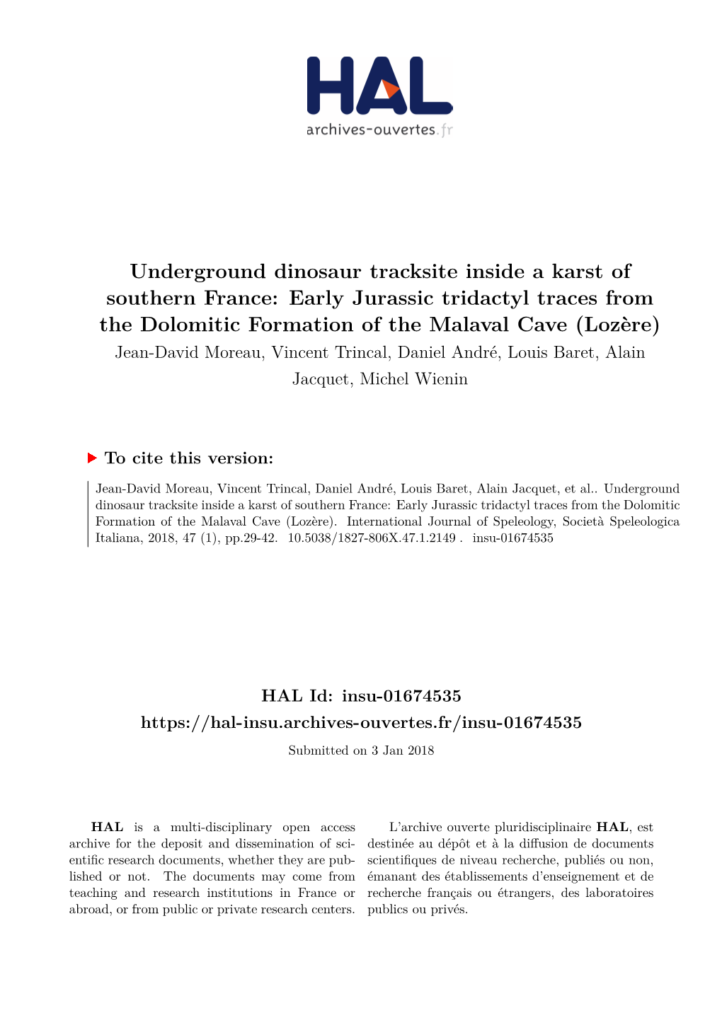 Underground Dinosaur Tracksite Inside a Karst of Southern France: Early