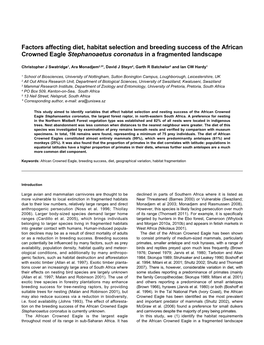 Factors Affecting Diet, Habitat Selection and Breeding Success of the African Crowned Eagle Stephanoaetus Coronatus in a Fragmented Landscape