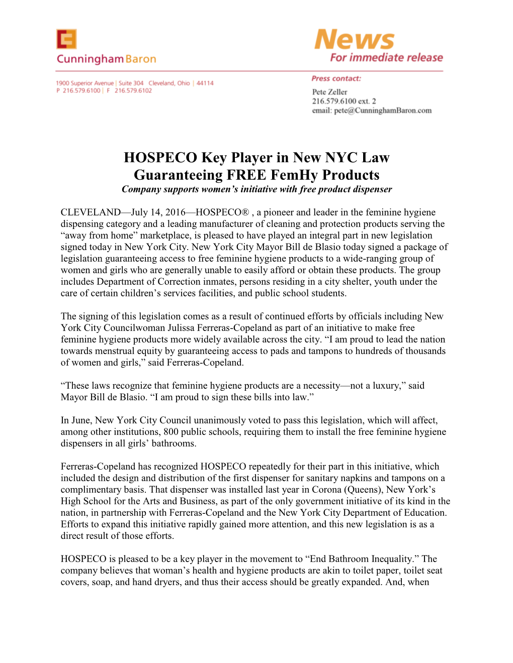 HOSPECO Key Player in New NYC Law Guaranteeing FREE Femhy Products Company Supports Women’S Initiative with Free Product Dispenser