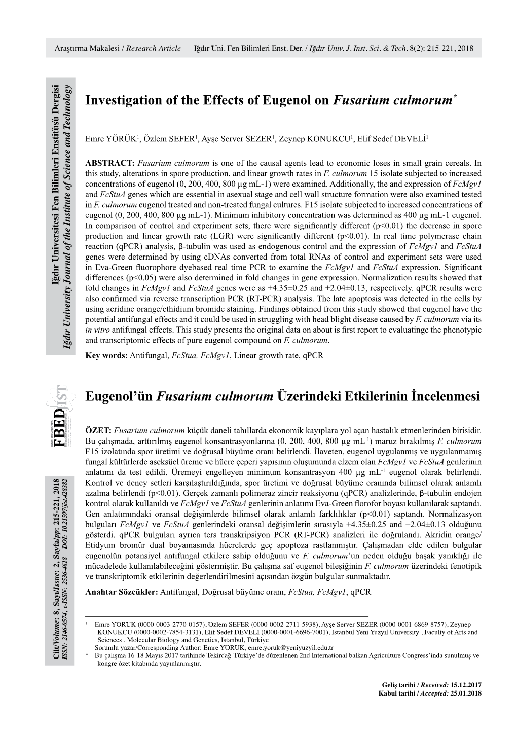 Investigation of the Effects of Eugenol on Fusarium Culmorum* Eugenol'ün