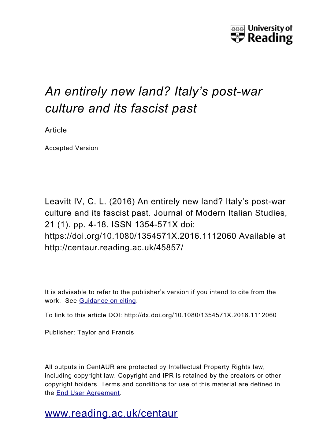 Italy's Post-War Culture and Its Fascist Past