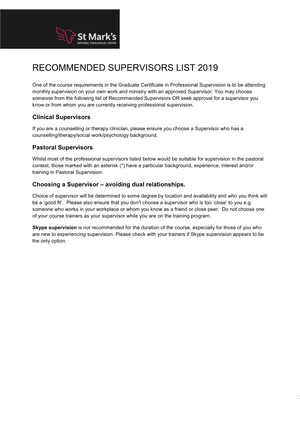 Recommended Supervisors List 2019