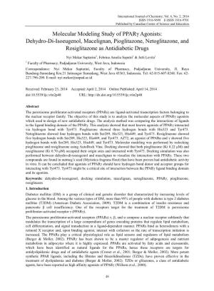 Molecular Modeling Study of Pparγ Agonists: Dehydro-Di-Isoeugenol, Macelignan, Pioglitazone, Netoglitazone, and Rosiglitazone As Antidiabetic Drugs