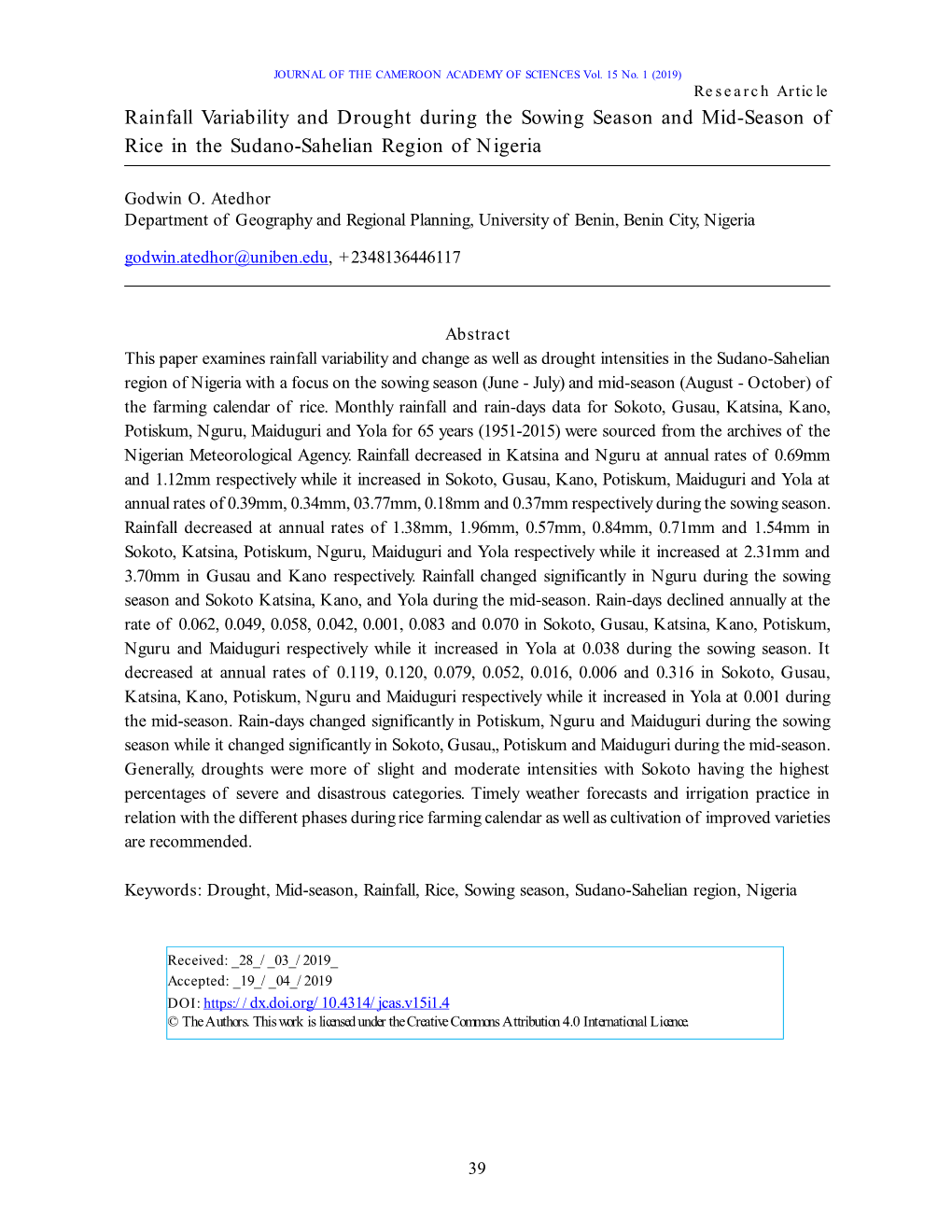 Rainfall Variability and Drought During the Sowing Season and Mid-Season of Rice in the Sudano-Sahelian Region of Nigeria