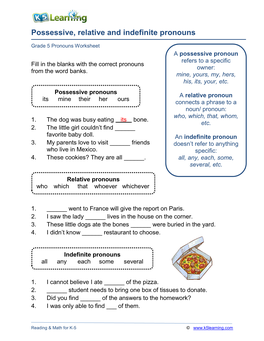 Possessive, Relative and Indefinite Pronouns Worksheet