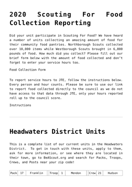 2020 Scouting for Food Collection Reporting,Headwaters District Units
