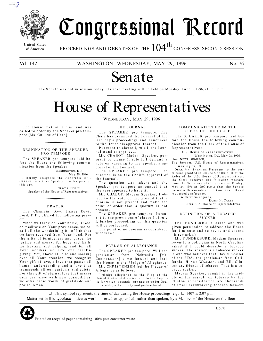 Congressional Record United States Th of America PROCEEDINGS and DEBATES of the 104 CONGRESS, SECOND SESSION