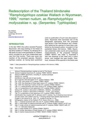 Ramphotyphlops Ozakiae Wallach in Niyomwan, 1999,” Nomen Nudum, As Ramphotyphlops Mollyozakiae N