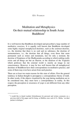 Meditation and Metaphysics on Their Mutual Relationship in South Asian Buddhism1