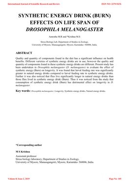 Synthetic Energy Drink (Burn) Effects on Life Span of Drosophila Melanogaster