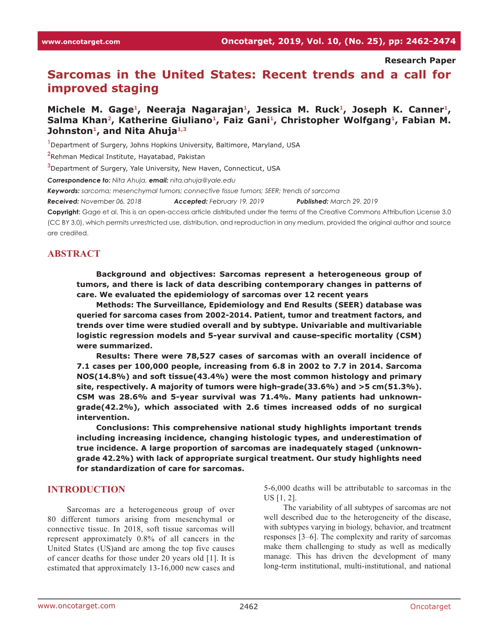 Sarcomas in the United States: Recent Trends and a Call for Improved Staging