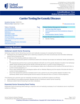 Carrier Testing for Genetic Diseases – Unitedhealthcare West Medical