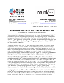 Munk Debate on China Airs June 18 on WNED-TV Is China a Threat to the Liberal International Order?