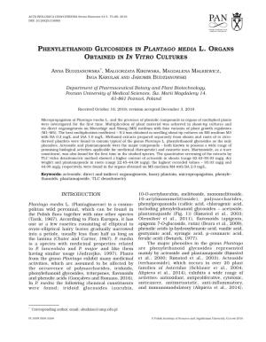 Phenylethanoid Glycosides in Plantago Media L. Organs Obtained in in Vitro Cultures
