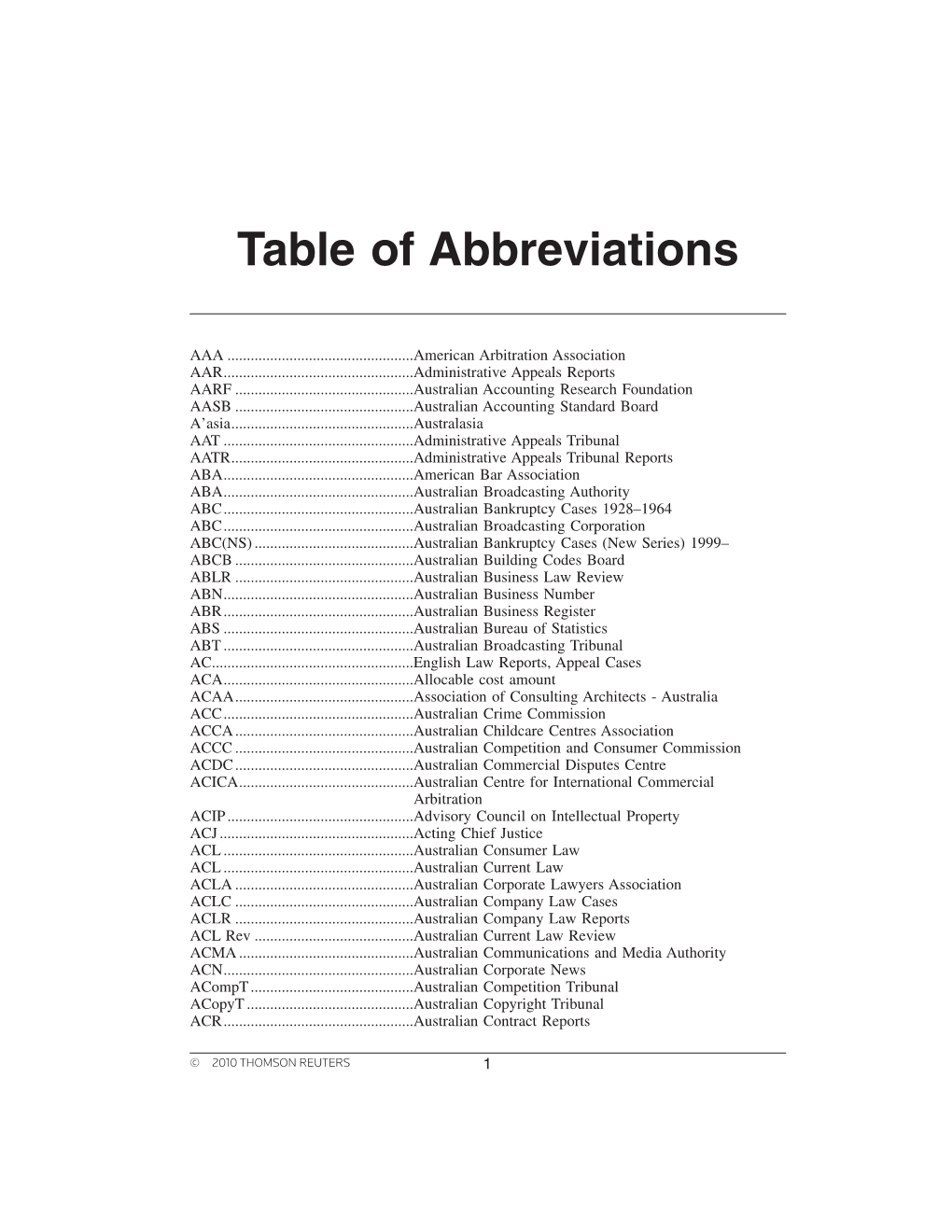 Thomson Reuters 1 Table of Abbreviations