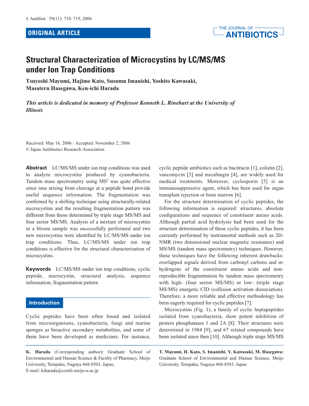 Structural Characterization of Microcystins by LC/MS/MS Under