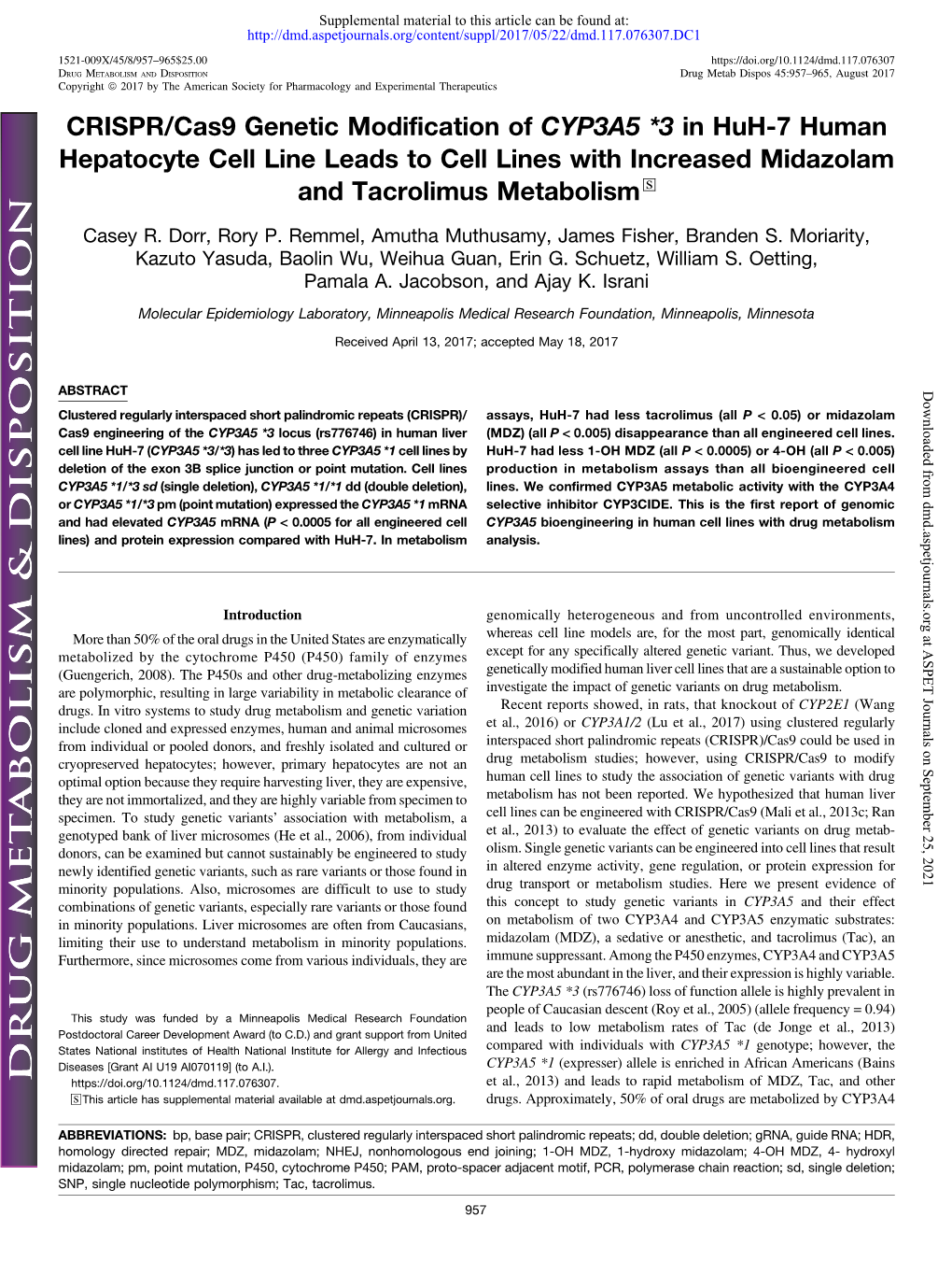 CRISPR/Cas9 Genetic Modification of CYP3A5 *3 in Huh-7 Human Hepatocyte Cell Line Leads to Cell Lines with Increased Midazolam and Tacrolimus Metabolism S