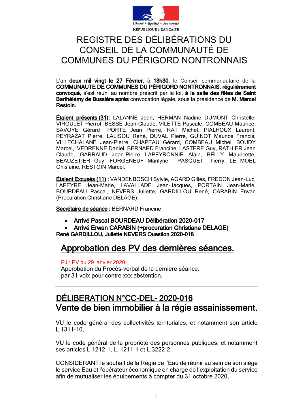 Registre Des Délibérations Du Conseil De La Communauté De Communes Du Périgord Nontronnais