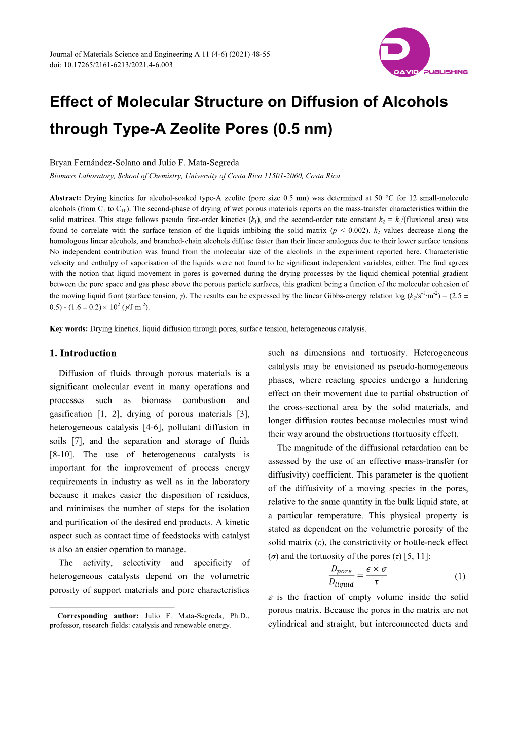 Effect of Molecular Structure on Diffusion of Alcohols Through Type-A Zeolite Pores (0.5 Nm)