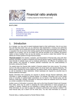 Financial Ratio Analysis a Reading Prepared by Pamela Peterson Drake