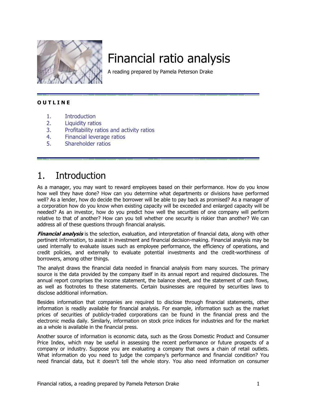 Financial Ratio Analysis a Reading Prepared by Pamela Peterson Drake