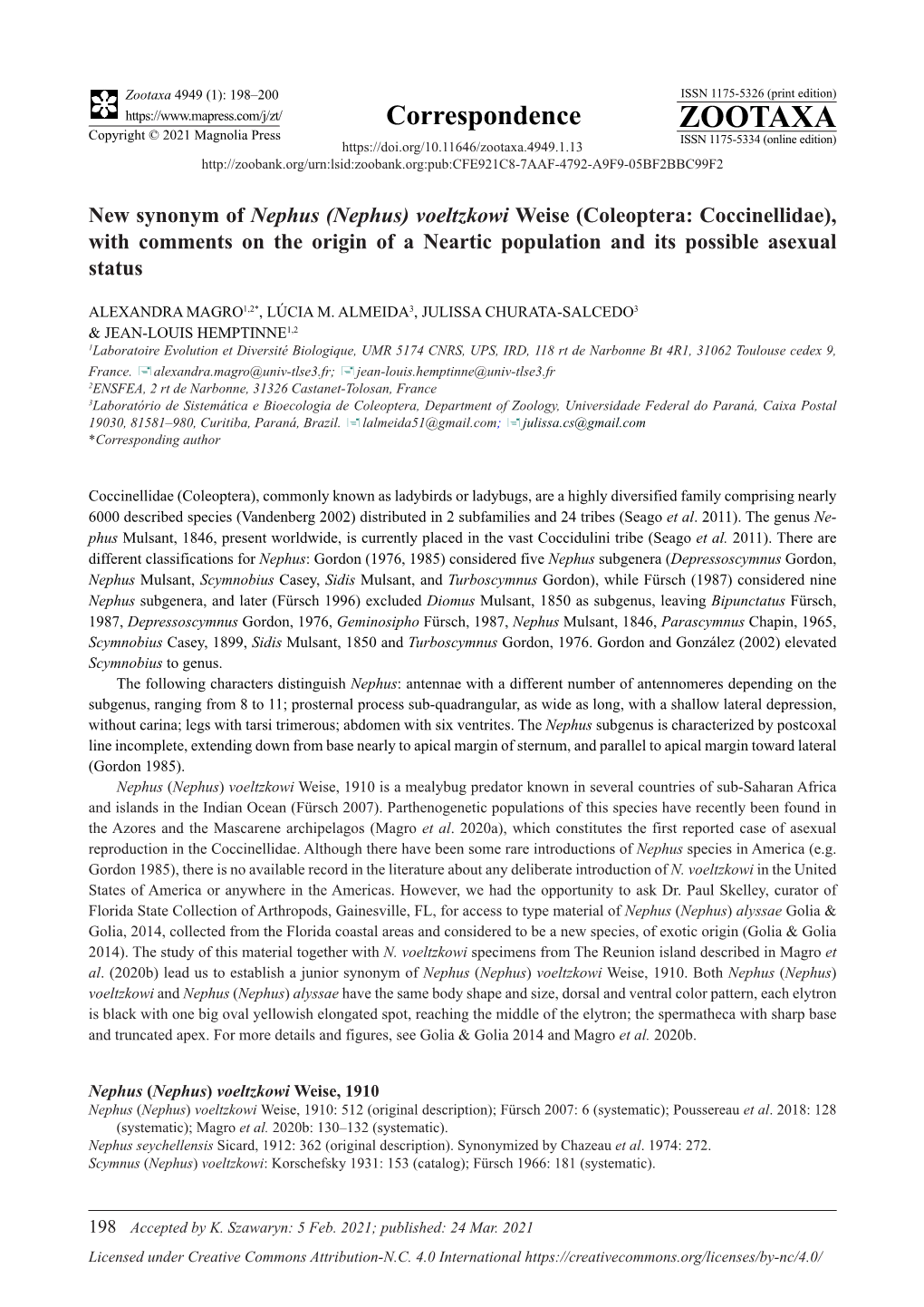 (Nephus) Voeltzkowi Weise (Coleoptera: Coccinellidae), with Comments on the Origin of a Neartic Population and Its Possible Asexual Status