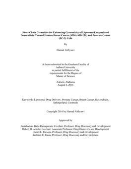 Short-Chain Ceramides for Enhancing Cytotoxicity of Liposome-Encapsulated Doxorubicin Toward Human Breast Cancer (MDA-MB-231) and Prostate Cancer (PC-3) Cells
