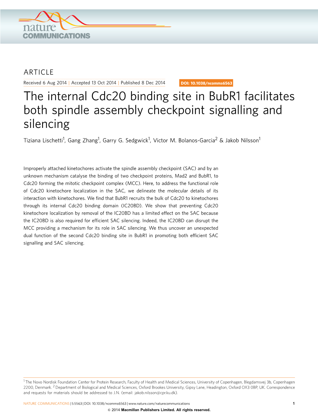 The Internal Cdc20 Binding Site in Bubr1 Facilitates Both Spindle Assembly Checkpoint Signalling and Silencing