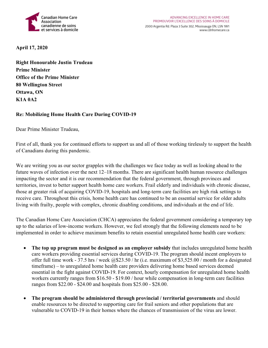 April 17, 2020 Right Honourable Justin Trudeau Prime Minister Office of the Prime Minister 80 Wellington Street Ottawa, on K1A 0