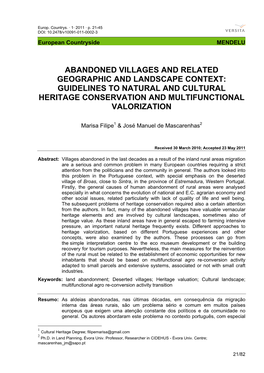 Abandoned Villages and Related Geographic and Landscape Context: Guidelines to Natural and Cultural Heritage Conservation and Multifunctional Valorization