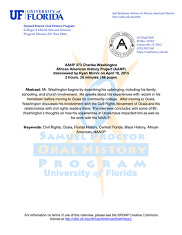 AAHP 373 Charles Washington African American History Project (AAHP) Interviewed by Ryan Morini on April 18, 2015 2 Hours, 26 Minutes | 66 Pages