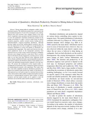 Assessment of Quantitative Aftershock Productivity Potential in Mining-Induced Seismicity