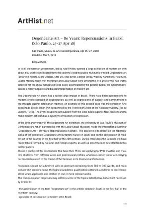 Degenerate Art – 80 Years: Repercussions in Brazil (São Paulo, 25-27 Apr 18)