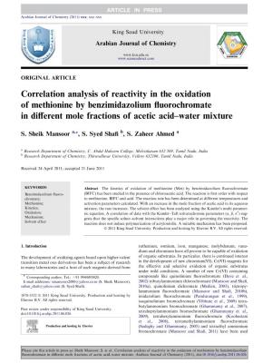 Correlation Analysis of Reactivity in the Oxidation of Methionine by Benzimidazolium ﬂuorochromate in Diﬀerent Mole Fractions of Acetic Acid–Water Mixture
