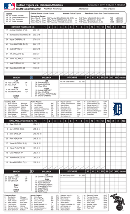 Detroit Tigers Vs. Oakland Athletics Sunday May 7, 2017 W 1:05 P.M