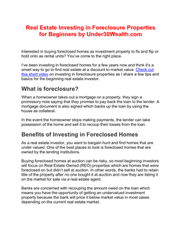 Real Estate Investing in Foreclosure Properties for Beginners by Under30wealth.Com