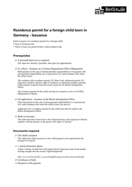 Residence Permit for a Foreign Child Born in Germany - Issuance