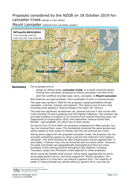 Proposals Considered by the NZGB on 18 October 2019 For: Lancaster Creek [Assign a New Name]