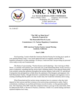 "The NRC on Main Street" Remarks Prepared for NRC Commissioner