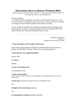 Information Sheet on Ramsar Wetlands (RIS) Categories Approved by Recommendation 4.7, As Amended by Resolution VIII.13 of the Conference of the Contracting Parties