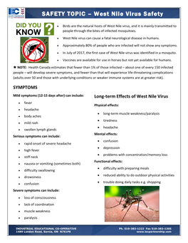 SAFETY TOPIC – West Nile Virus Safety