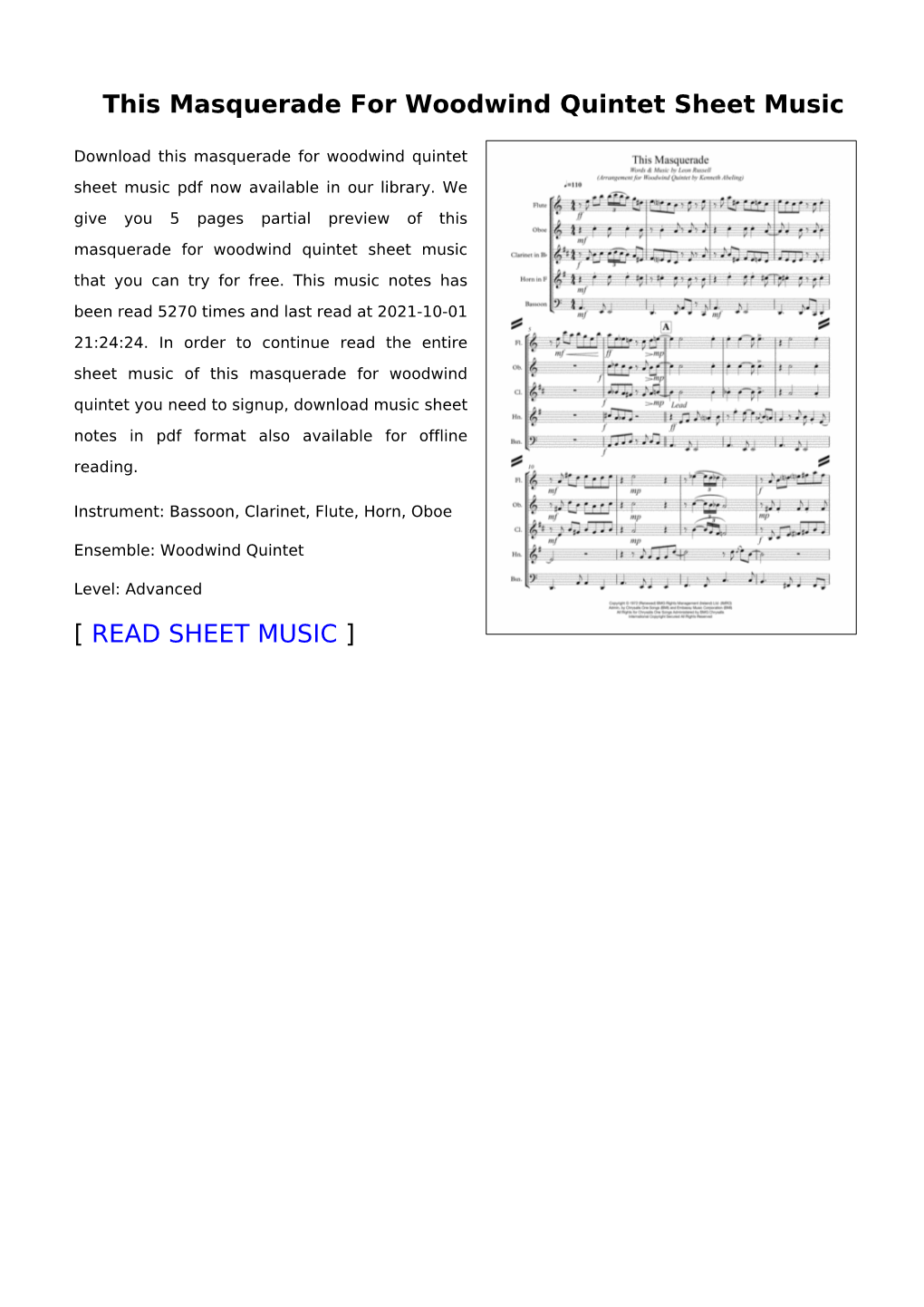 This Masquerade for Woodwind Quintet Sheet Music