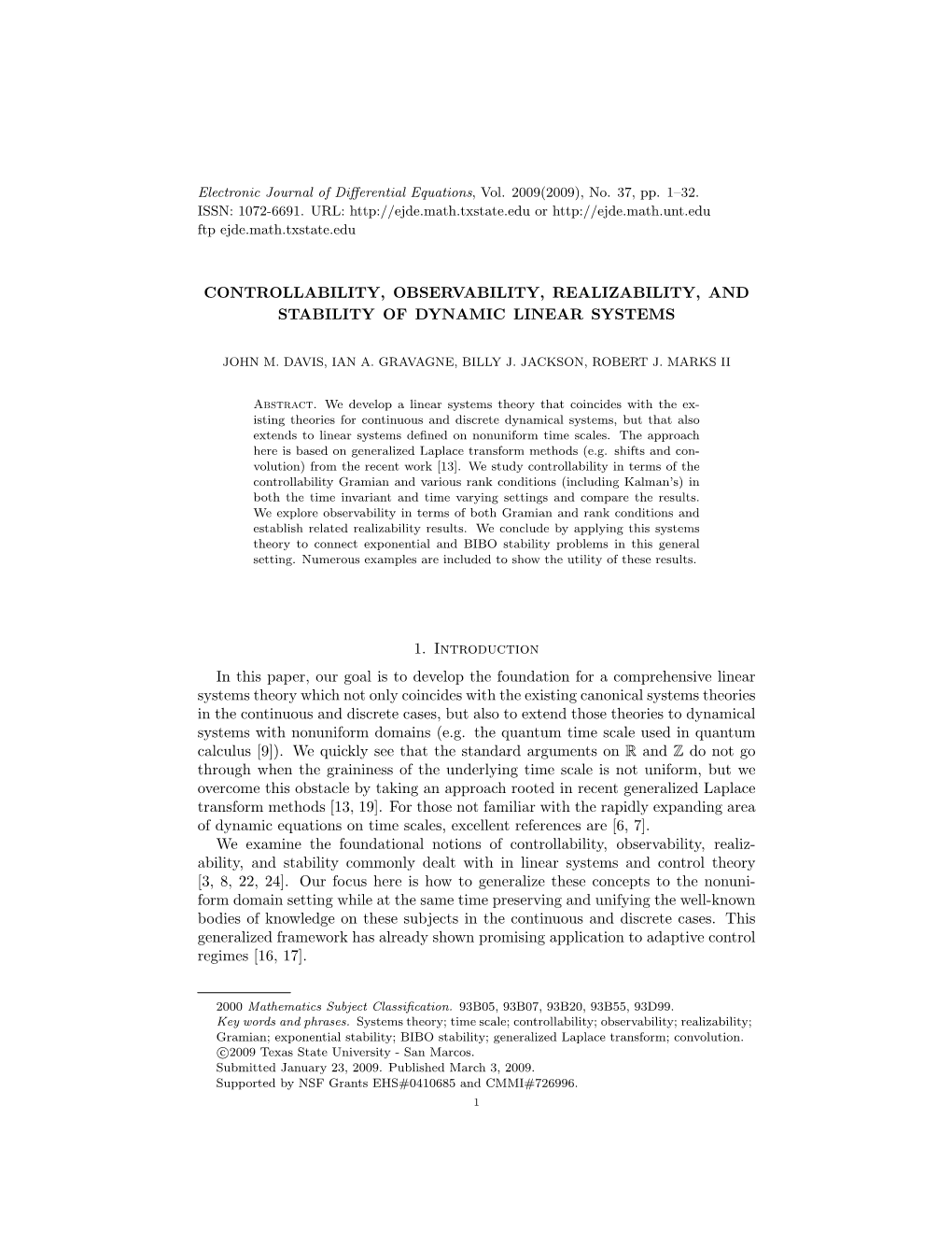 Controllability, Observability, Realizability, and Stability of Dynamic Linear Systems