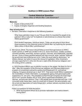 Sedition in WWI Lesson Plan Central Historical Question: Were Critics Of