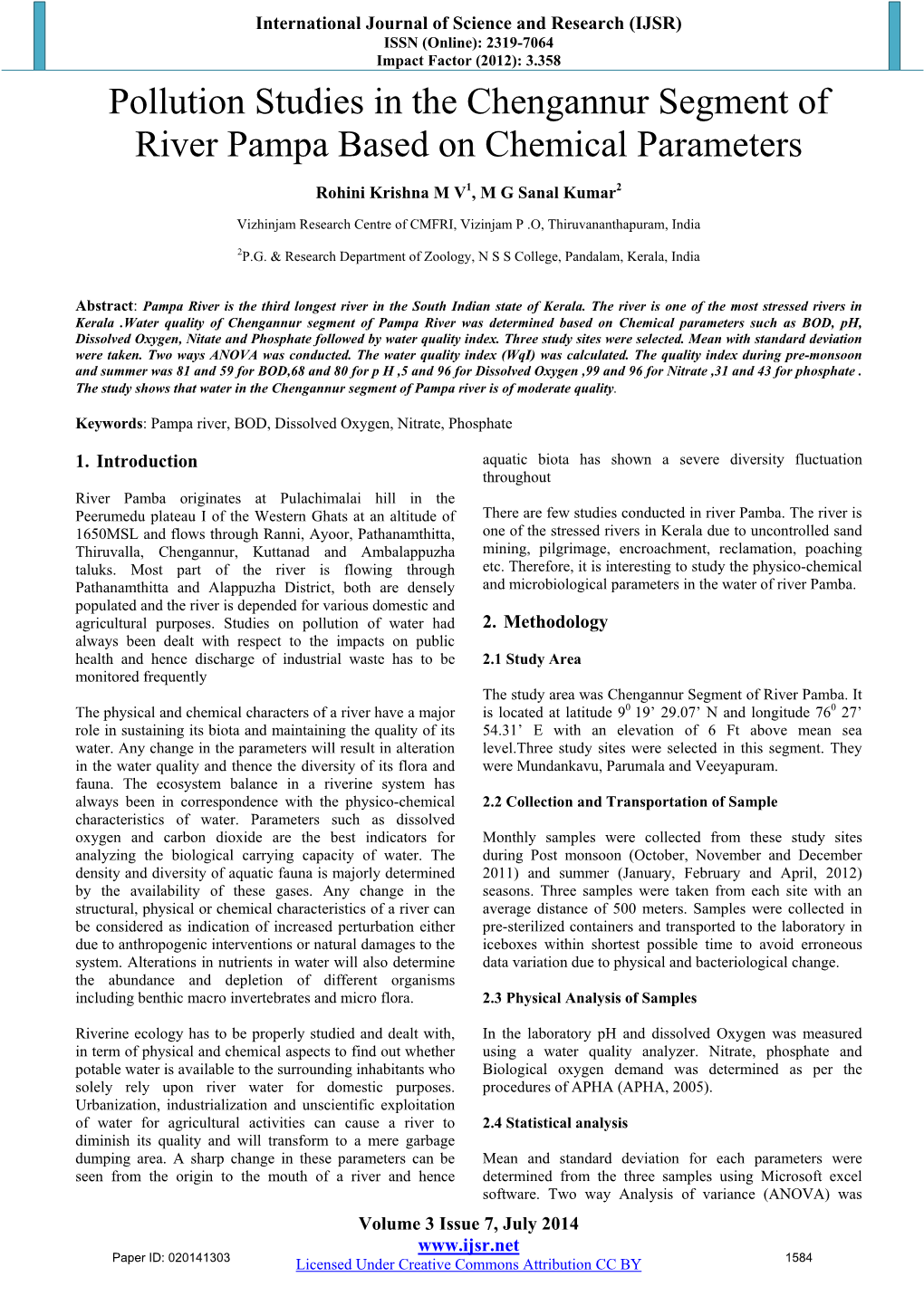 Pollution Studies in the Chengannur Segment of River Pampa Based on Chemical Parameters