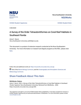 A Survey of the Order Tetraodontiformes on Coral Reef Habitats in Southeast Florida
