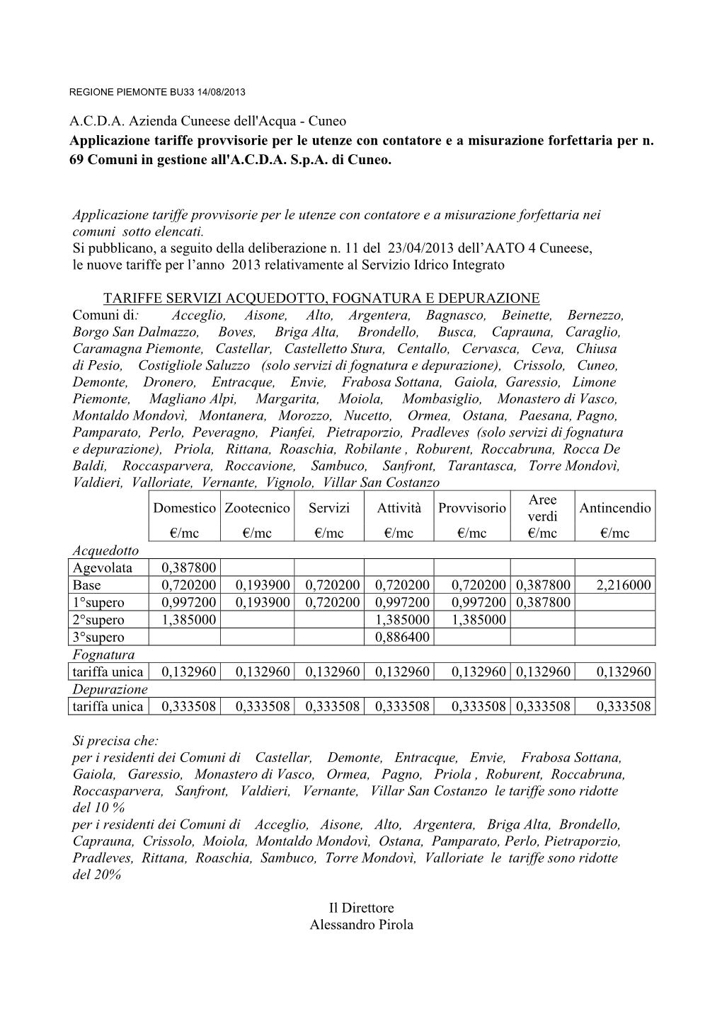 A.C.D.A. Azienda Cuneese Dell'acqua - Cuneo Applicazione Tariffe Provvisorie Per Le Utenze Con Contatore E a Misurazione Forfettaria Per N