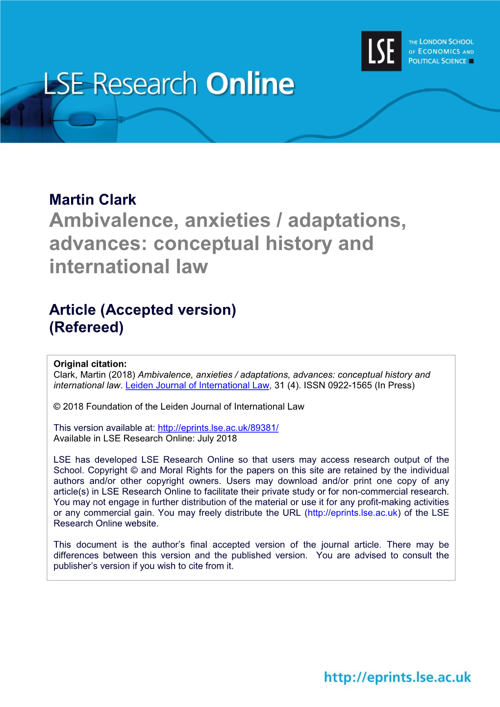 Ambivalence, Anxieties / Adaptations, Advances: Conceptual History and International Law