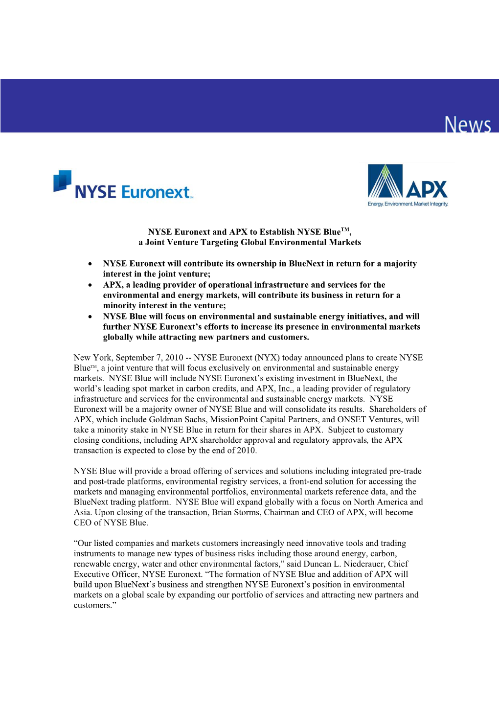 NYSE Euronext and APX to Establish NYSE Bluetm, a Joint Venture Targeting Global Environmental Markets